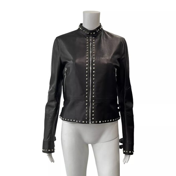 $6490 04. Valentino Black Leather Rockstud Embellished Short Jacket size 6 Moto - Picture 2 of 16
